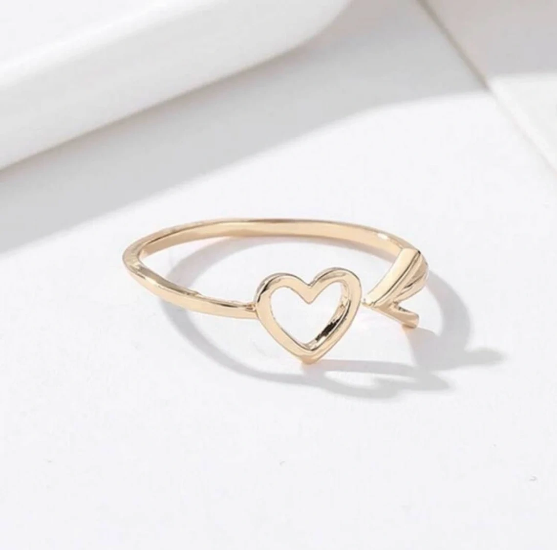 14K Solid Gold Dainty Heart Arrow Stacking Statement Adjustable Ring Love Minimalist Delicate Ring Simple Unique Handmade Open Heart Ring-10 3/4 US/Uk size – V-1