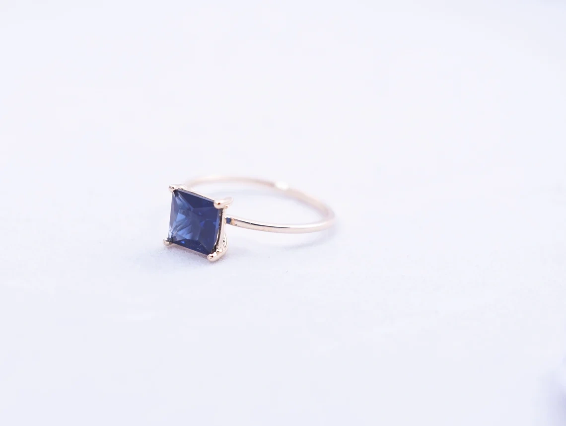 10k Solid Gold Square Iolite Faceted 4mm Princess Cut Iolite Ring September birthstone Simple Dainty Handmade Gemstone Ring Gift for Her-10 3/4 US/Uk size – V-1