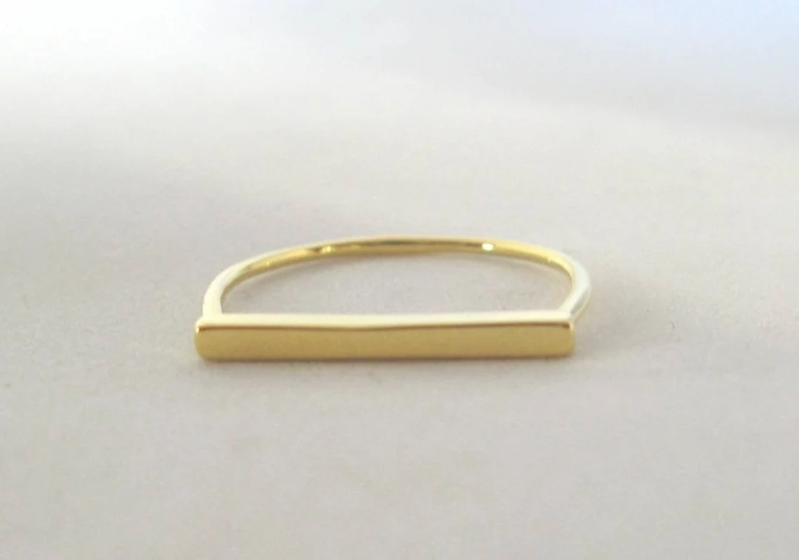 10K Solid Gold Dainty Geometric Bar Ring Minimalist Delicate Light Weighted Simple Unique Handmade Gold Unique Stacking Statement Ring-10 3/4 US/Uk size – V-1