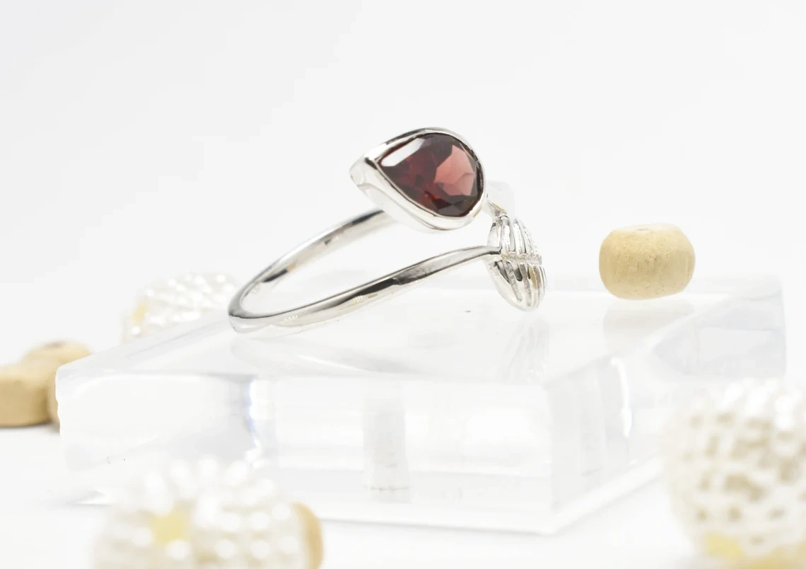 Garnet Leaf Ring 925 Sterling Silver Flower Drop Shape Faceted Gemstone Organic Ring Semi Precious Stone Everyday Designer Ring-10 3/4 US/Uk size – V-4