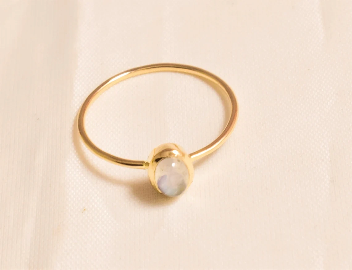 14K Gold Natural White Rainbow Cabochon Oval Moonstone Ring Handmade Blue Flashy Gemstone Ring 14K Solid Gold Semi Precious Stone Ring-10 3/4 US/Uk size – V-2