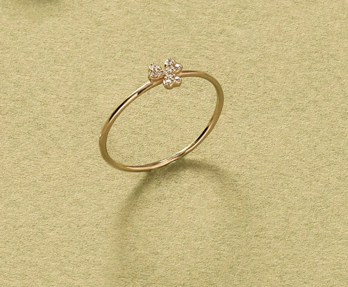 14K Gold Tiny Round Crystal Skinny Shamrock Dainty Ring Handmade Minimalist Style Stacking Knuckle ring Gemstone Statement Wedding Ring-10 3/4 US/Uk size – V-3