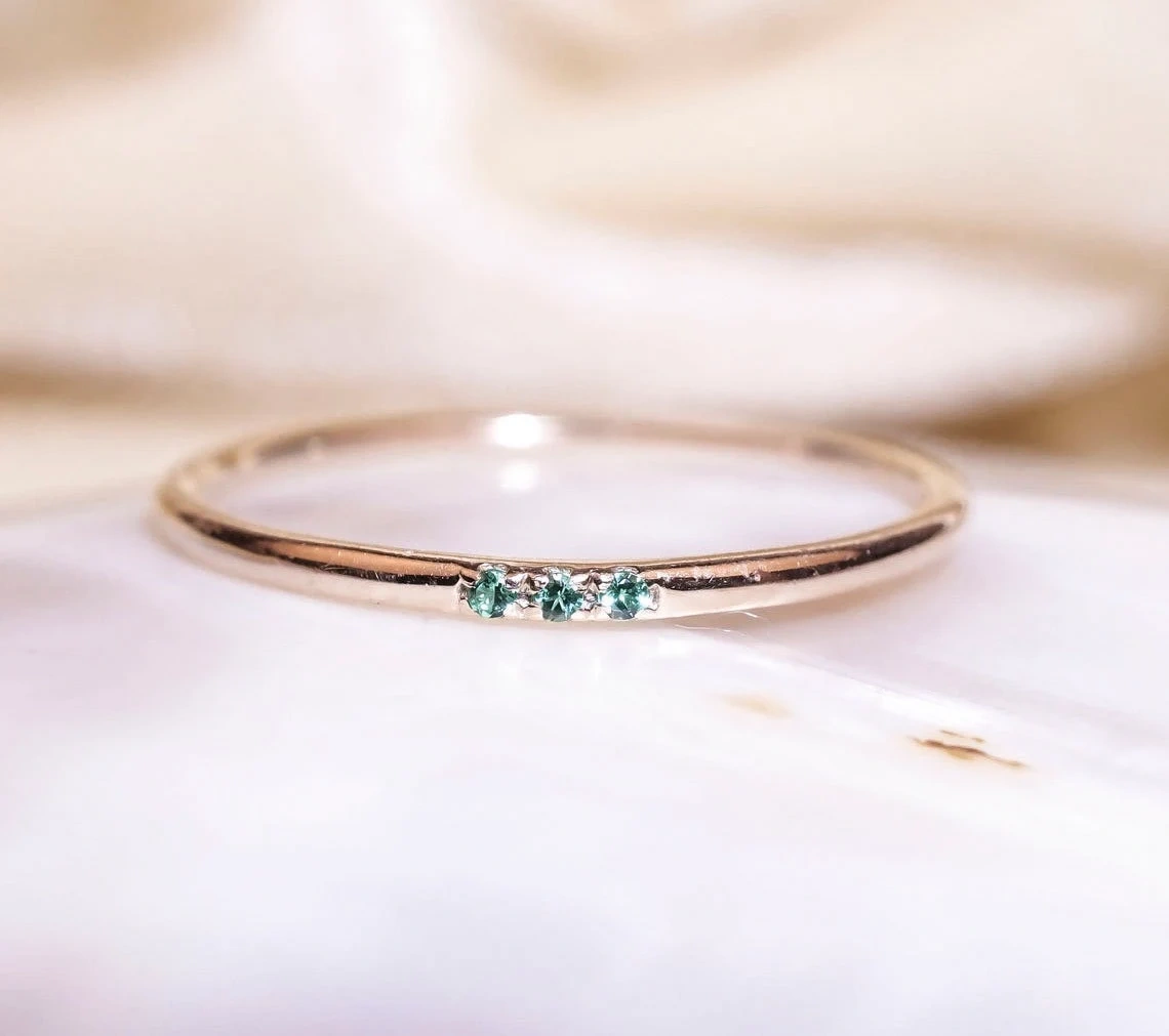 14K Solid Gold Emerald Studded Dainty Ring Stacking Precious Stone Minimalist Ring Inset Round Tiny Emerald handmade Unique Gemstone Ring-11459382