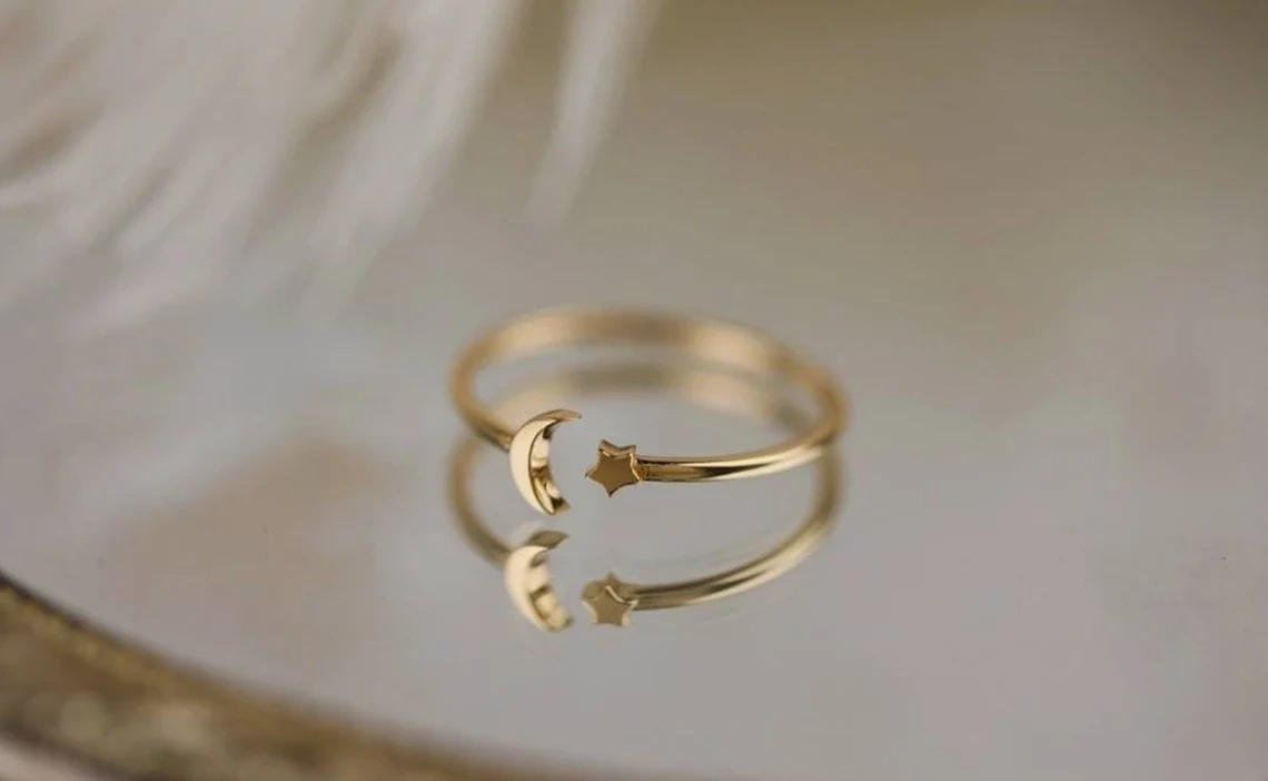 10K Solid Gold Dainty Crescent Tiny Moon Star Stacking Statement Adjustable Ring Minimalist Delicate Simple Unique Handmade Open Cuff Ring-11459460