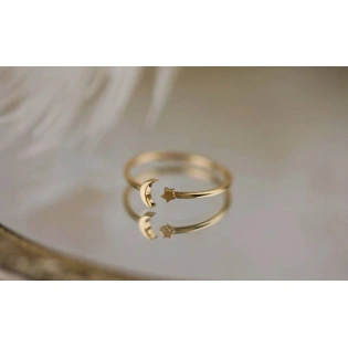 10K Solid Gold Dainty Crescent Tiny Moon Star Stacking Statement Adjustable Ring Minimalist Delicate Simple Unique Handmade Open Cuff Ring