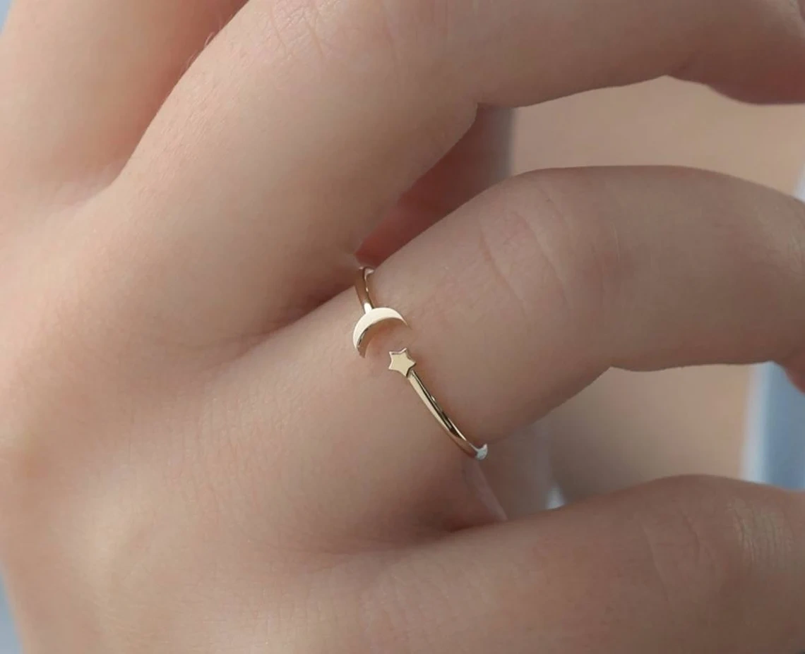 10K Solid Gold Dainty Crescent Tiny Moon Star Stacking Statement Adjustable Ring Minimalist Delicate Simple Unique Handmade Open Cuff Ring-10 3/4 US/Uk size – V-1