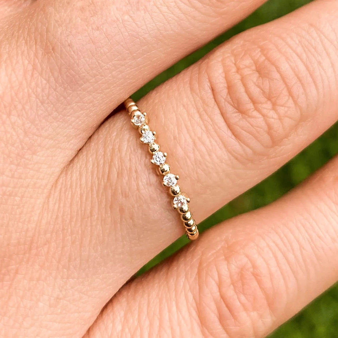 14K Solid Gold Full Beaded Inset Diamond Ring Stacking Dainty Minimalist 2mm ball Simple Dottie Ring Handmade Eternity Bubble Stack Ring-10 3/4 US/Uk size – V-1