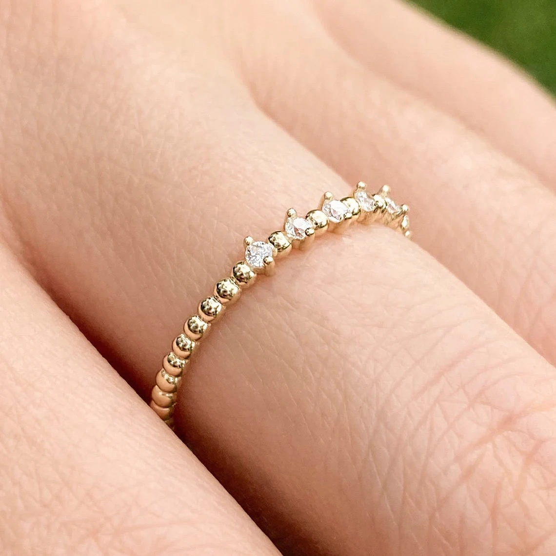 14K Solid Gold Full Beaded Inset Diamond Ring Stacking Dainty Minimalist 2mm ball Simple Dottie Ring Handmade Eternity Bubble Stack Ring-10 3/4 US/Uk size – V-2