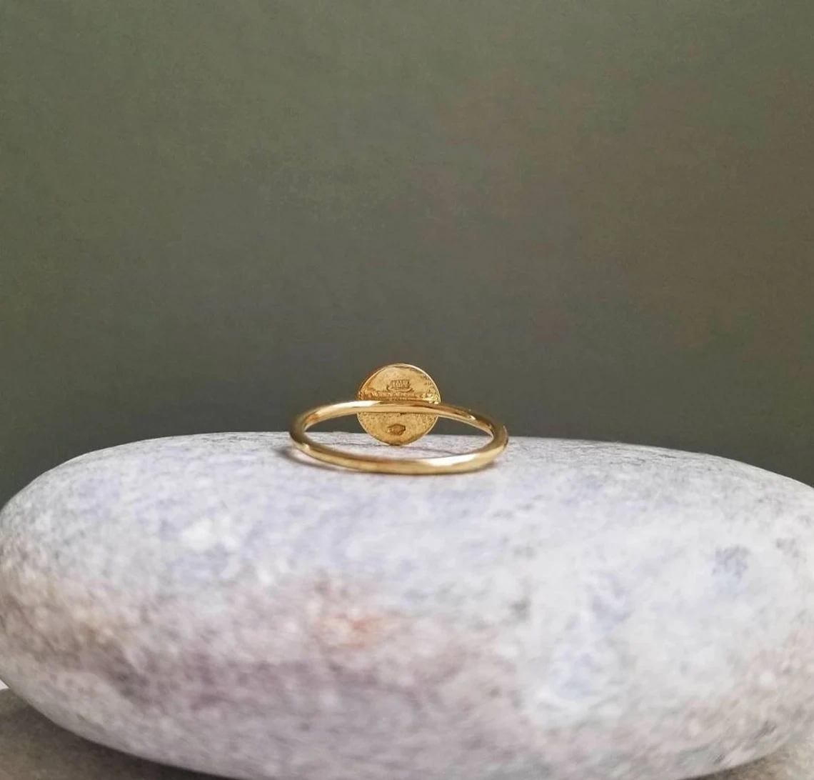 14K Solid Gold Dainty Round Disc Geometric Ring Minimalist Delicate Light Weight Simple Unique Handmade Gold Stacking Thin Skinny Boho Ring-10 3/4 US/Uk size – V-2