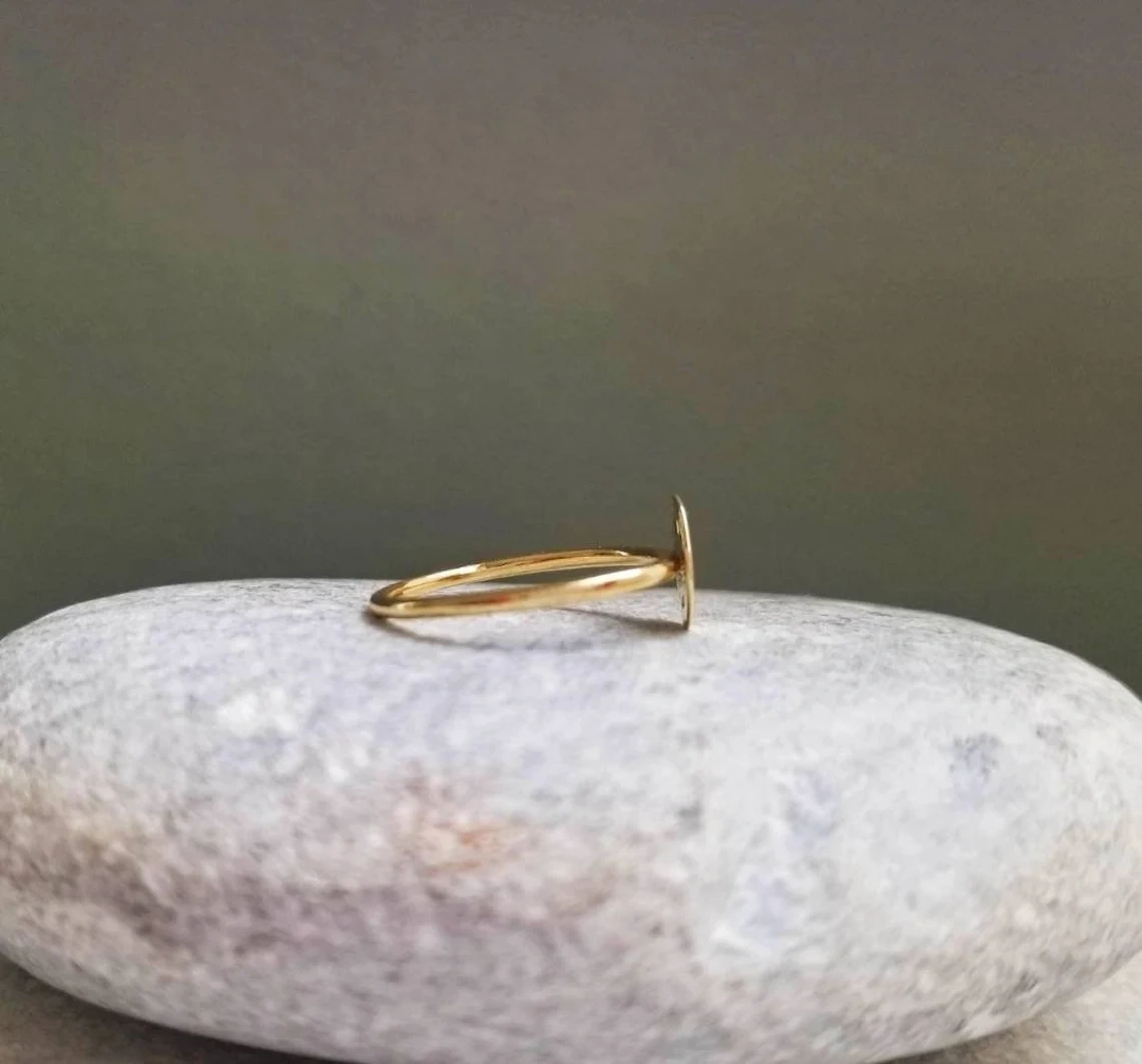 14K Solid Gold Dainty Round Disc Geometric Ring Minimalist Delicate Light Weight Simple Unique Handmade Gold Stacking Thin Skinny Boho Ring-10 3/4 US/Uk size – V-1