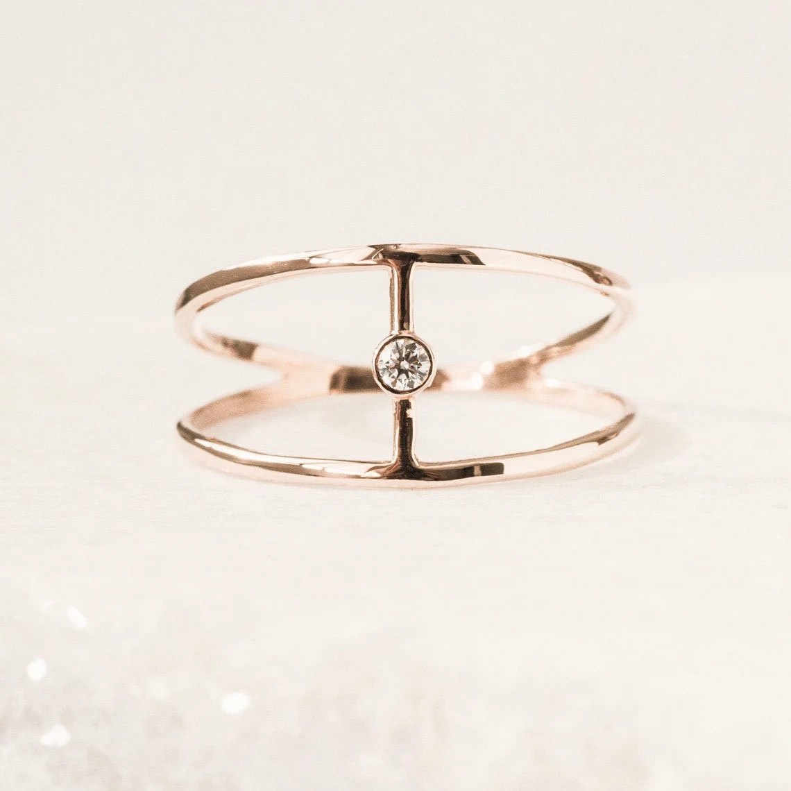 14K Solid Gold Diamond Split Shank Wire Ring Stacking Dainty Minimalist Handmade Ring Geometric Double Band Delicate Women Cocktail Ring-11469218