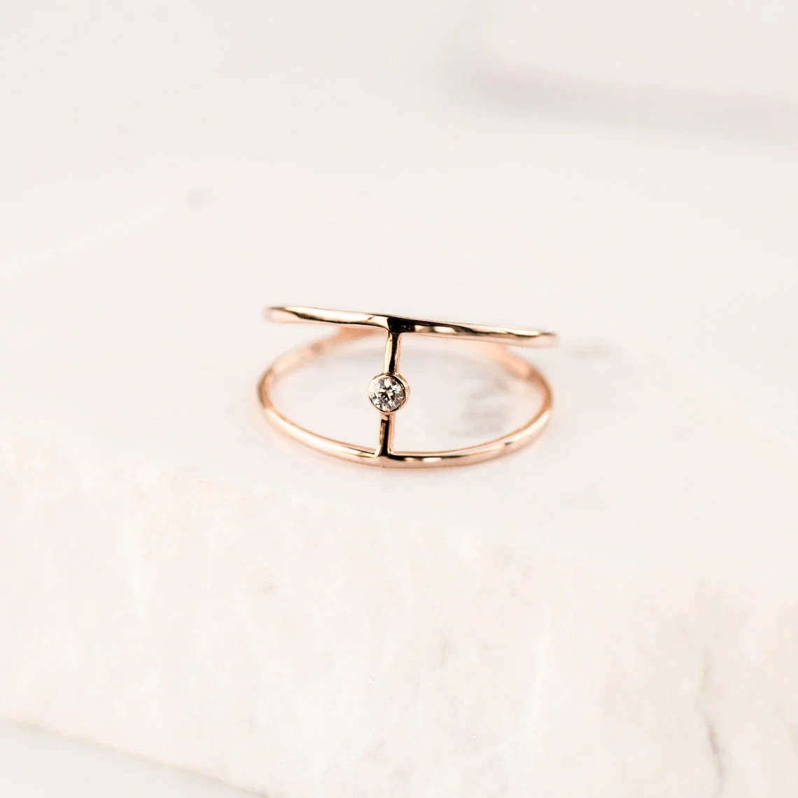 14K Solid Gold Diamond Split Shank Wire Ring Stacking Dainty Minimalist Handmade Ring Geometric Double Band Delicate Women Cocktail Ring-10 3/4 US/Uk size – V-1