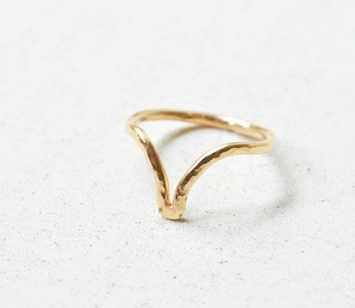 10K Solid Gold Hammered Chervron V Shape Ring Handmade Plain Stacking Ring Modernist Dainty Ring Minimalist Geometric Ring Statement Ring-11469668