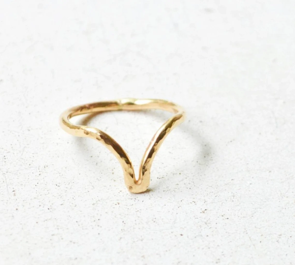 10K Solid Gold Hammered Chervron V Shape Ring Handmade Plain Stacking Ring Modernist Dainty Ring Minimalist Geometric Ring Statement Ring-10 3/4 US/Uk size – V-1