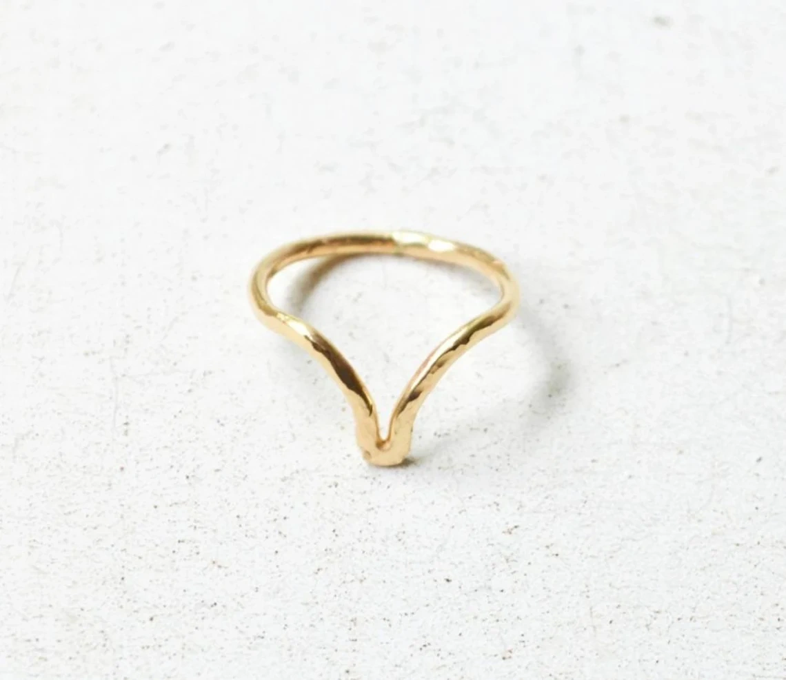 10K Solid Gold Hammered Chervron V Shape Ring Handmade Plain Stacking Ring Modernist Dainty Ring Minimalist Geometric Ring Statement Ring-10 3/4 US/Uk size – V-2