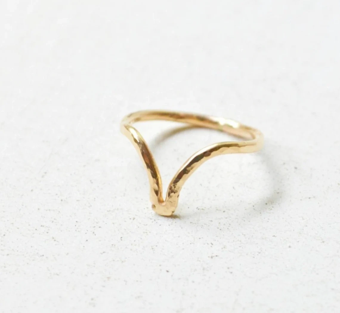 10K Solid Gold Hammered Chervron V Shape Ring Handmade Plain Stacking Ring Modernist Dainty Ring Minimalist Geometric Ring Statement Ring-10 3/4 US/Uk size – V-3