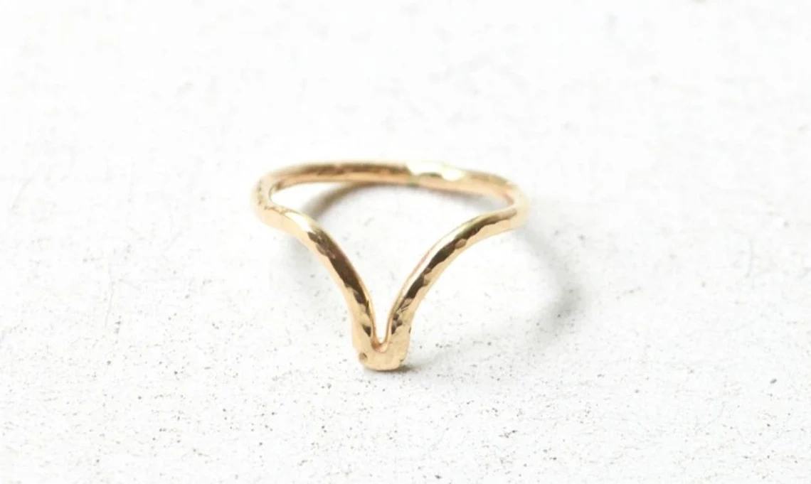 10K Solid Gold Hammered Chervron V Shape Ring Handmade Plain Stacking Ring Modernist Dainty Ring Minimalist Geometric Ring Statement Ring-10 3/4 US/Uk size – V-4