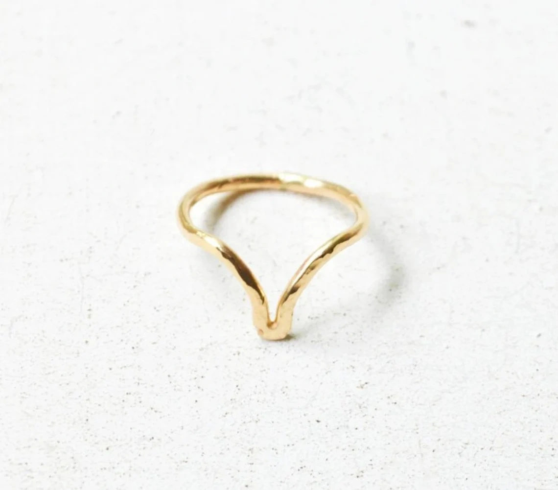 10K Solid Gold Hammered Chervron V Shape Ring Handmade Plain Stacking Ring Modernist Dainty Ring Minimalist Geometric Ring Statement Ring-10 3/4 US/Uk size – V-5