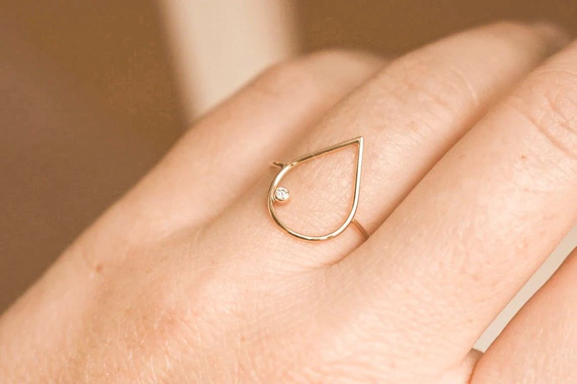 14K Solid Gold Teardrop Shape Diamond Thin Ring Handmade Stacking Modernist Dainty Ring Minimalist Geometric pointy Unique Statement Ring-10 3/4 US/Uk size – V-3