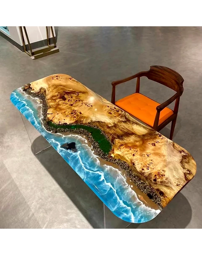 Natural Light Wood Resin Epoxy Ocean Beach Feel With Waves Table Top Living Room Table Coastal Table Epoxy Dining Table Top Only-60by30-3