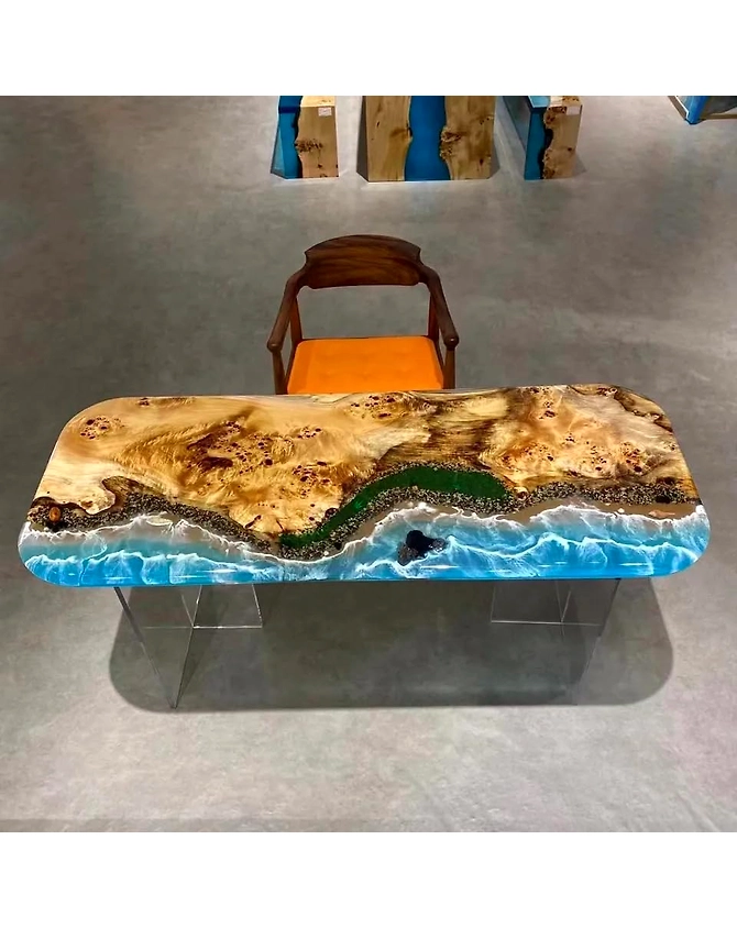 Natural Light Wood Resin Epoxy Ocean Beach Feel With Waves Table Top Living Room Table Coastal Table Epoxy Dining Table Top Only-oceantable-1