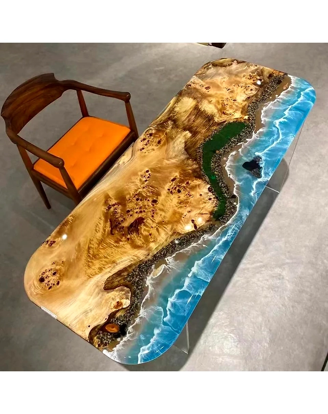 Natural Light Wood Resin Epoxy Ocean Beach Feel With Waves Table Top Living Room Table Coastal Table Epoxy Dining Table Top Only-60by30-2