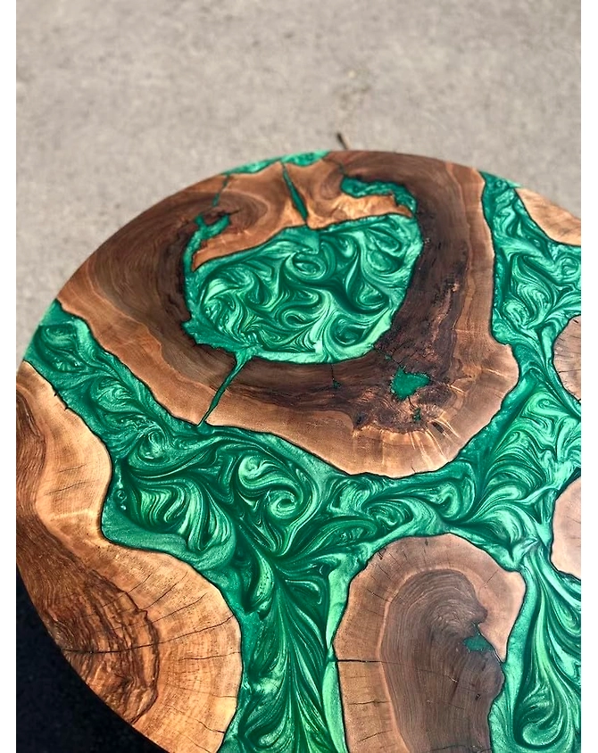 Natural Wood Epoxy Round Emerald River Green Table Top Coffee Table Side/End Table Epoxy Dining Table Living Room Table for 2, 4, 6, 8  Resin Table Top Only-18by18-4