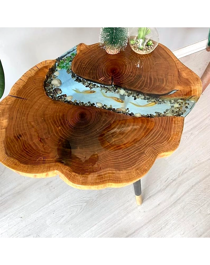 Large Indoor Epoxy Round Table Resin Coffee Table River With Fishes &amp; Stones Table Living Room For 2, 4, 6, 8 Side/End Table Epoxy Dining Table Top Only-18by18-4