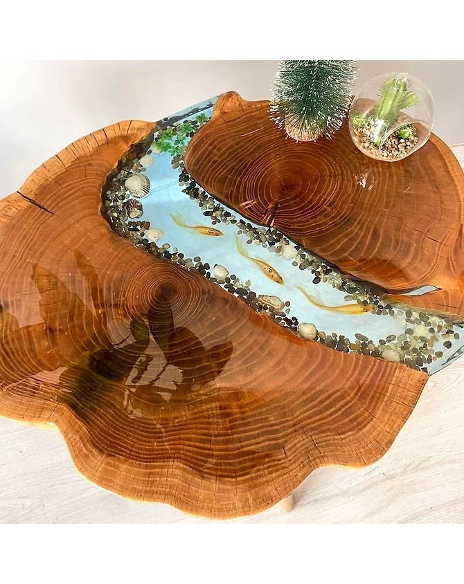 Large Indoor Epoxy Round Table Resin Coffee Table River With Fishes &amp; Stones Table Living Room For 2, 4, 6, 8 Side/End Table Epoxy Dining Table Top Only-18by18-3