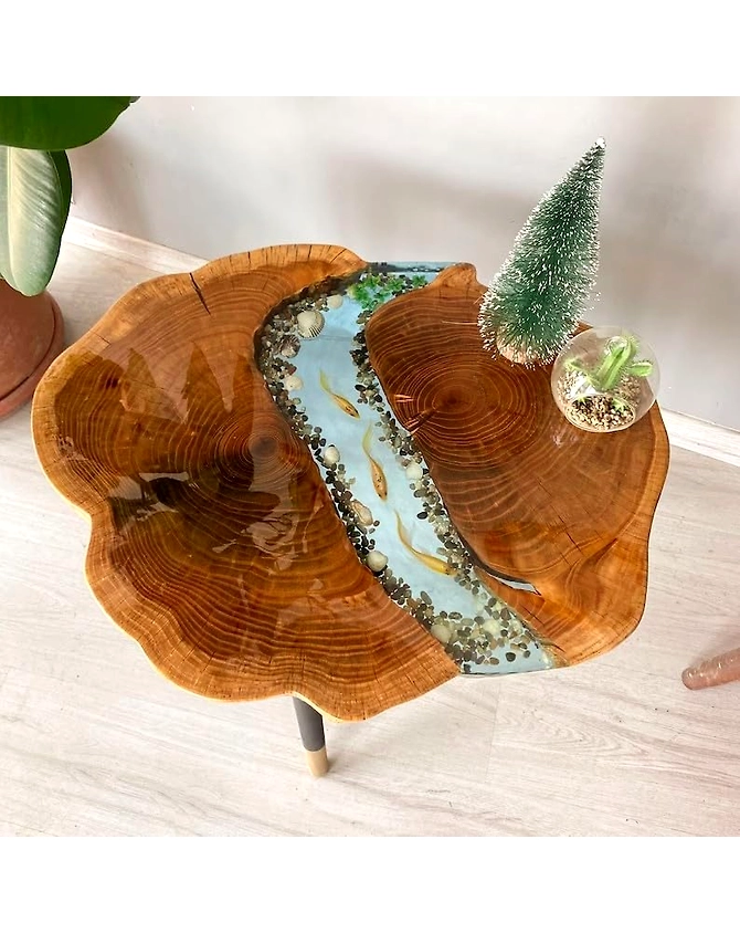 Large Indoor Epoxy Round Table Resin Coffee Table River With Fishes &amp; Stones Table Living Room For 2, 4, 6, 8 Side/End Table Epoxy Dining Table Top Only-18by18-1