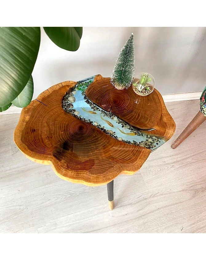 Large Indoor Epoxy Round Table Resin Coffee Table River With Fishes &amp; Stones Table Living Room For 2, 4, 6, 8 Side/End Table Epoxy Dining Table Top Only-epoxyround-1