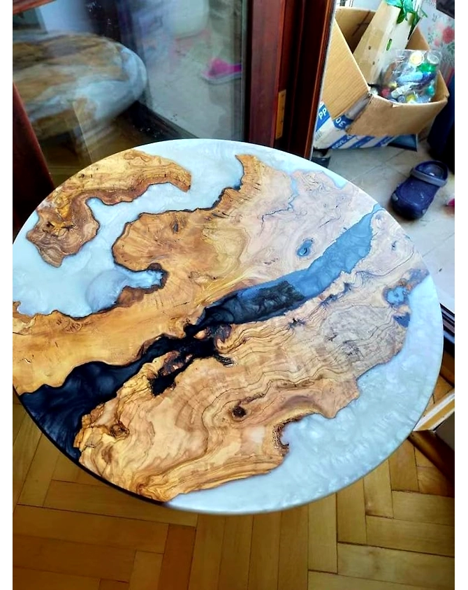 Natural Wood Epoxy Coffee Table Round Table Multi River White Epoxy Table Living Room Table for 2, 4, 6, 8 Dining Table Resin Table Top Only-multiround-1