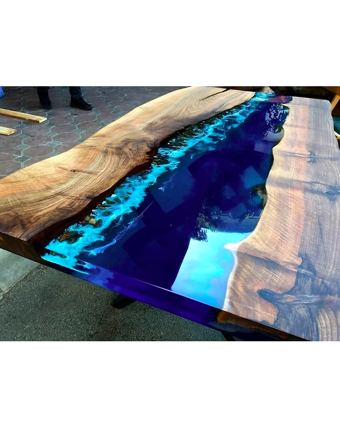 Large Natural Wood Deep Blue River Sea Coastal Table Top Dining Table Living Room Stones Table for 2, 4, 6, 8 Coffee Table Side/End Table Patio Table Top Only-60by30-3