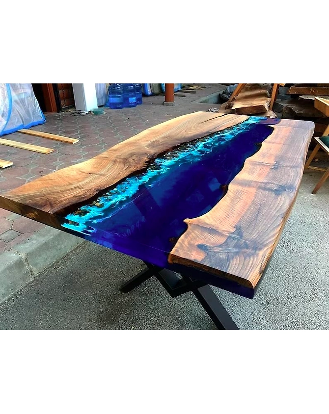 Large Natural Wood Deep Blue River Sea Coastal Table Top Dining Table Living Room Stones Table for 2, 4, 6, 8 Coffee Table Side/End Table Patio Table Top Only-60by30-2