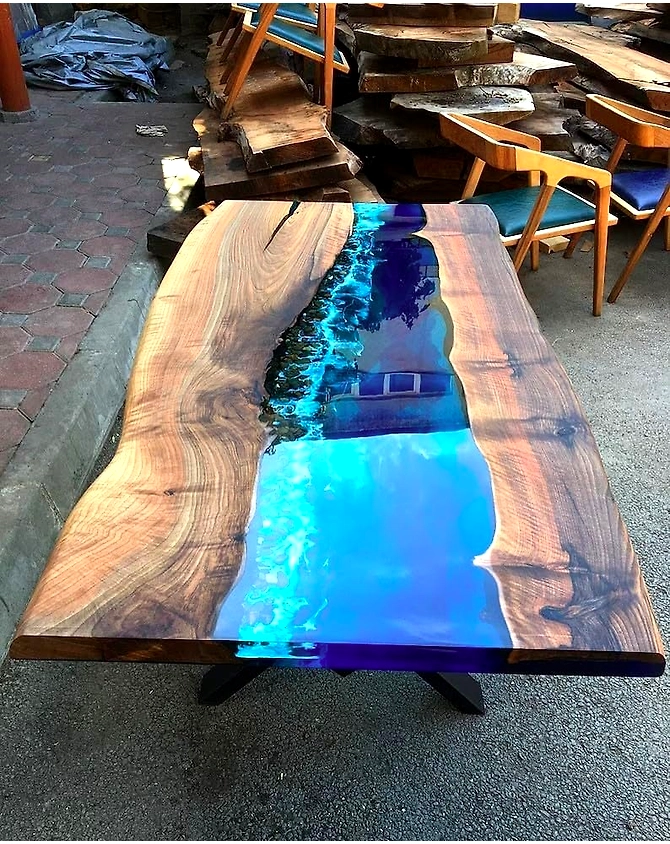 Large Natural Wood Deep Blue River Sea Coastal Table Top Dining Table Living Room Stones Table for 2, 4, 6, 8 Coffee Table Side/End Table Patio Table Top Only-seacoastal-1