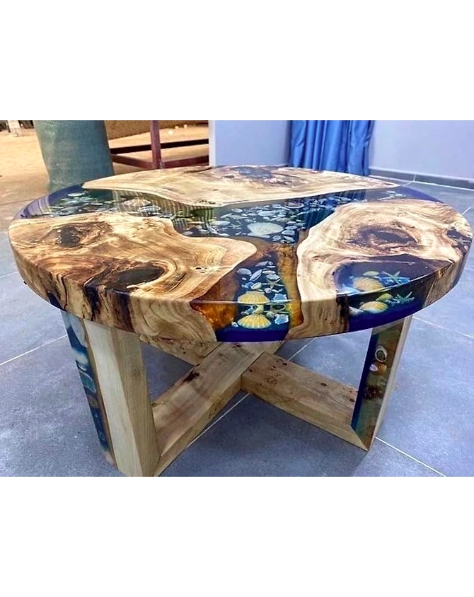 Beautiful Indoor Round Wooden Mountain Coffee Table Epoxy Dining Table Living Room Table Top Only Shells and Stars Table for 2, 4, 6, 8 Side/End Table Top Only-18by18-3