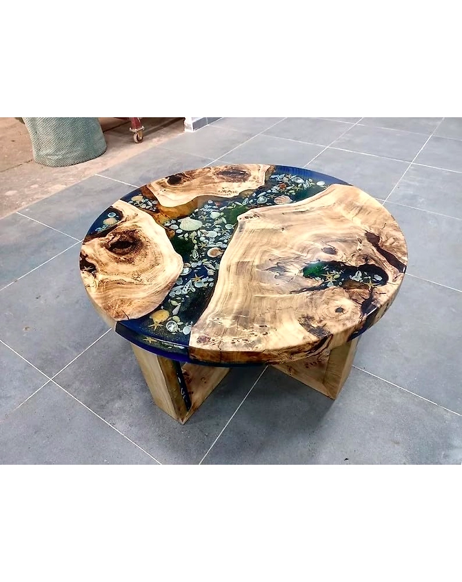 Beautiful Indoor Round Wooden Mountain Coffee Table Epoxy Dining Table Living Room Table Top Only Shells and Stars Table for 2, 4, 6, 8 Side/End Table Top Only-18by18-1