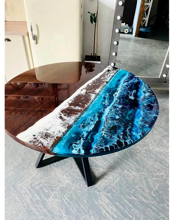 Custom Wood Olive Blue Epoxy Coffee Table Clear Table Dining Table Living Room Table for 2, 4, 6, 8 Multi Ocean Table Round Table Wooden Table Top Only-18by18-3
