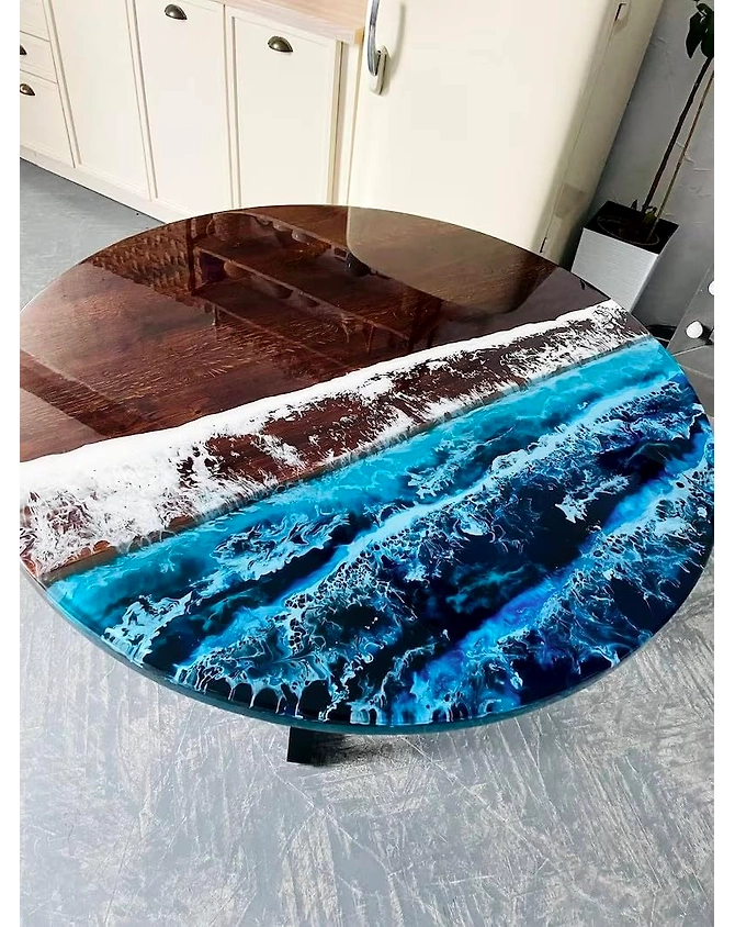 Custom Wood Olive Blue Epoxy Coffee Table Clear Table Dining Table Living Room Table for 2, 4, 6, 8 Multi Ocean Table Round Table Wooden Table Top Only-18by18-2