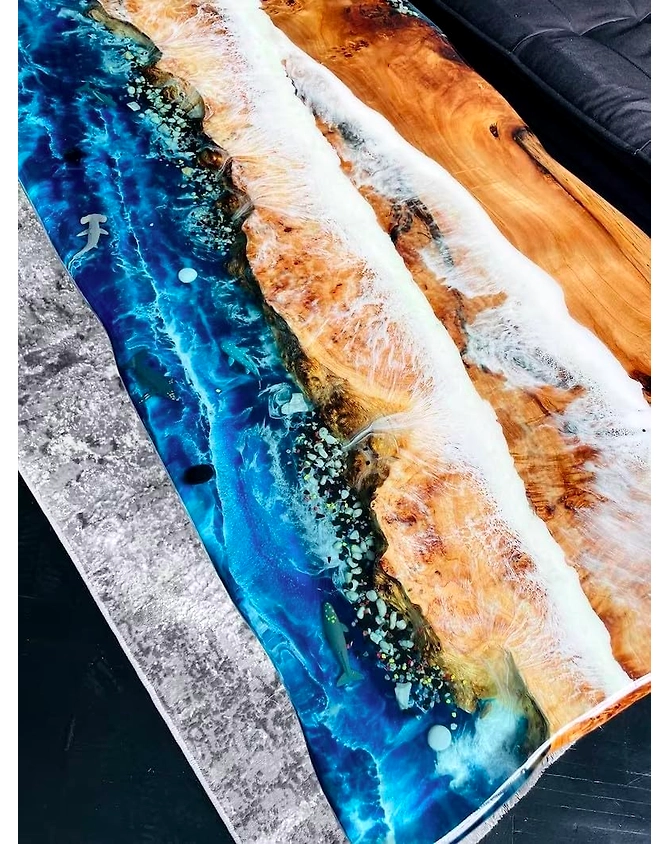Unique Epoxy Resin Coffee Table Glow Ocean Dining Table Living Room Table Stones and Sea Wave Look Table for 2, 4, 6, 8 Conference Table Patio Table Top Only-60by30-4