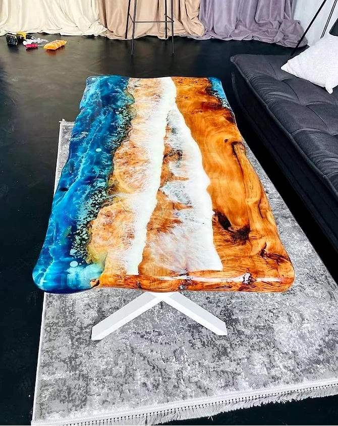 Unique Epoxy Resin Coffee Table Glow Ocean Dining Table Living Room Table Stones and Sea Wave Look Table for 2, 4, 6, 8 Conference Table Patio Table Top Only-60by30-3