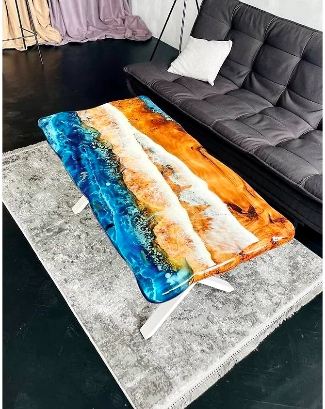 Unique Epoxy Resin Coffee Table Glow Ocean Dining Table Living Room Table Stones and Sea Wave Look Table for 2, 4, 6, 8 Conference Table Patio Table Top Only-60by30-2