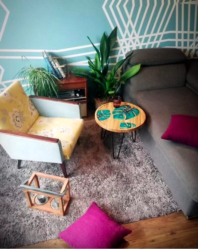 Unique Leaf Pattern Epoxy Round Resin Coffee Table Acacia Wood Table Living Room for 2, 4, 6, 8 Side/End Table Patio Table Bar Counter Home Decor  Table Top Only-18by18-4