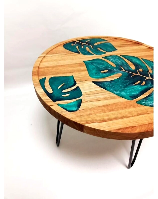 Unique Leaf Pattern Epoxy Round Resin Coffee Table Acacia Wood Table Living Room for 2, 4, 6, 8 Side/End Table Patio Table Bar Counter Home Decor  Table Top Only-18by18-2