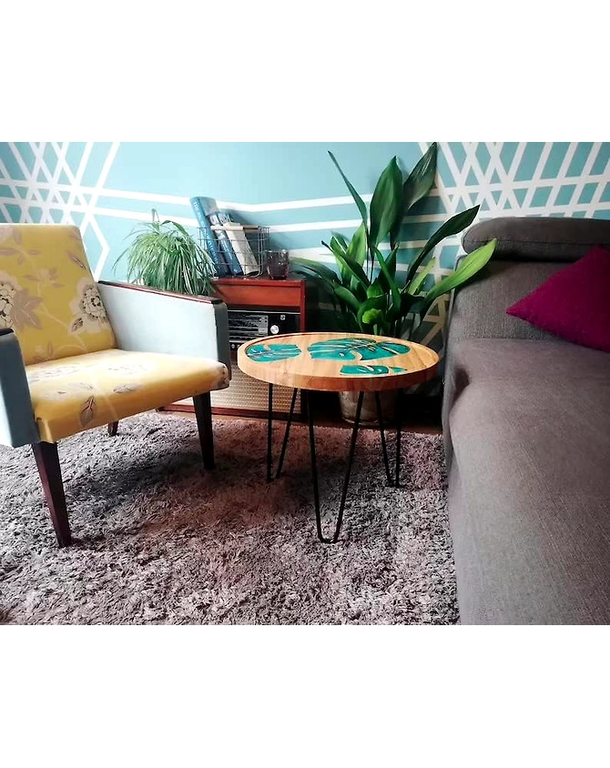 Unique Leaf Pattern Epoxy Round Resin Coffee Table Acacia Wood Table Living Room for 2, 4, 6, 8 Side/End Table Patio Table Bar Counter Home Decor  Table Top Only-18by18-3