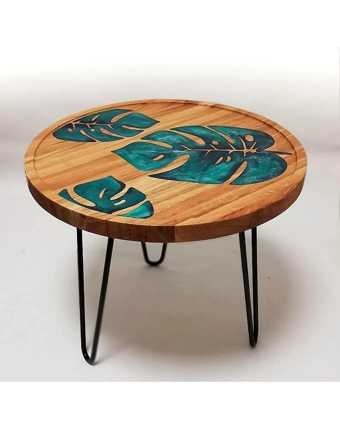 Unique Leaf Pattern Epoxy Round Resin Coffee Table Acacia Wood Table Living Room for 2, 4, 6, 8 Side/End Table Patio Table Bar Counter Home Decor  Table Top Only-LeafPattern-1