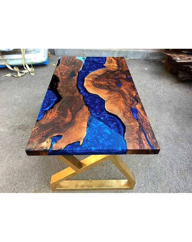 Customized Rectangular Dark Walnut Blue River Epoxy Table, Dining Table Top 2, 4, 6, 8 Home Decor Table, Wooden Resin Table Top Only-WalnutBlue-1