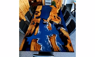 Large Stunning Ocean Dark Blue Epoxy Resin Table, Dining Table & 2,4,6,8 Living Room Table Console Table Bar Counter Wooden Walnut Table Top