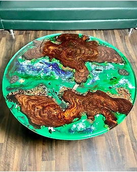 Customized Modern Green Ocean Fishes And Shell Epoxy Resin River Coffee Table top Stone And Rock Round Table Walnut Table, Wooden Resin Table Top Only