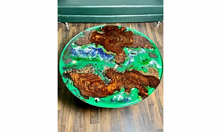 Customized Modern Green Ocean Fishes And Shell Epoxy Resin River Coffee Table top Stone And Rock Round Table Walnut Table, Wooden Resin Table Top Only